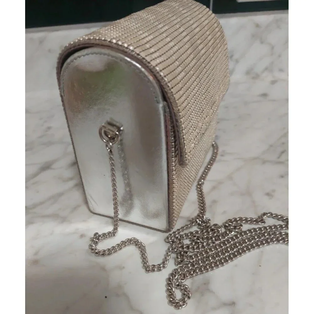 Vintage Whiting & Davis Crossbody Metal Mesh Evening Flap Square Bag Rare Biege